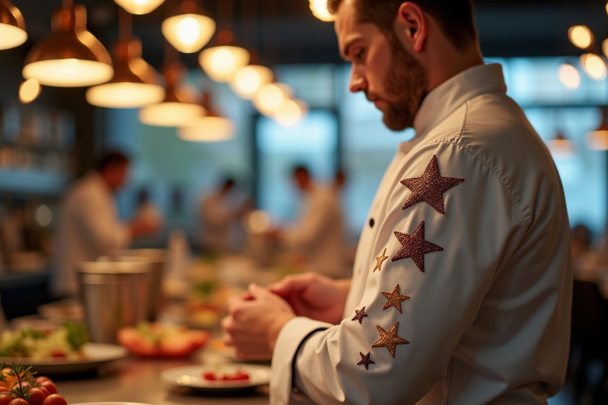 Chef en cuisine préparant un plat gastronomique