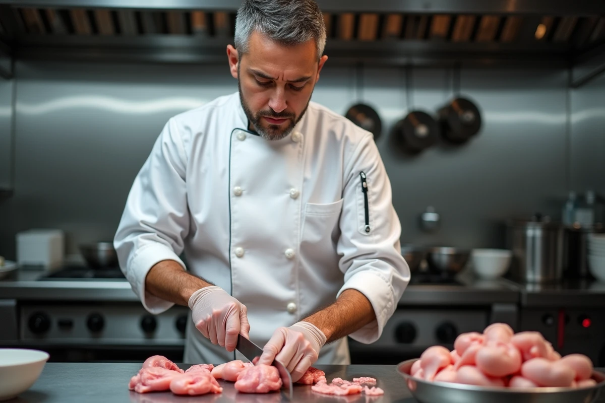 Chef cuisinier professionnel préparant une couille de mouton et des rognons d'agneau dans une cuisine de restaurant moderne