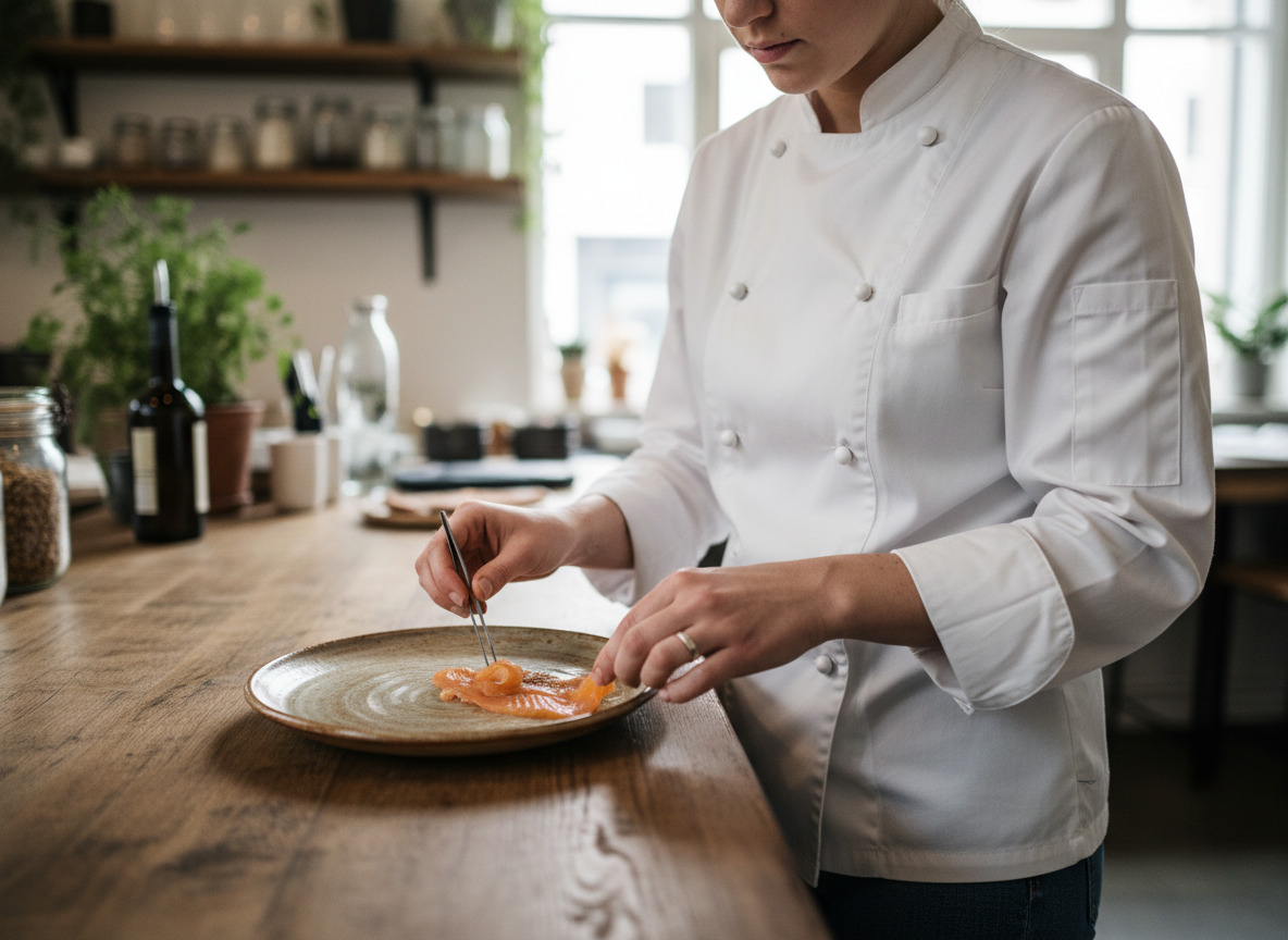 Jeune chef disposant des tranches de saumon sur une assiette