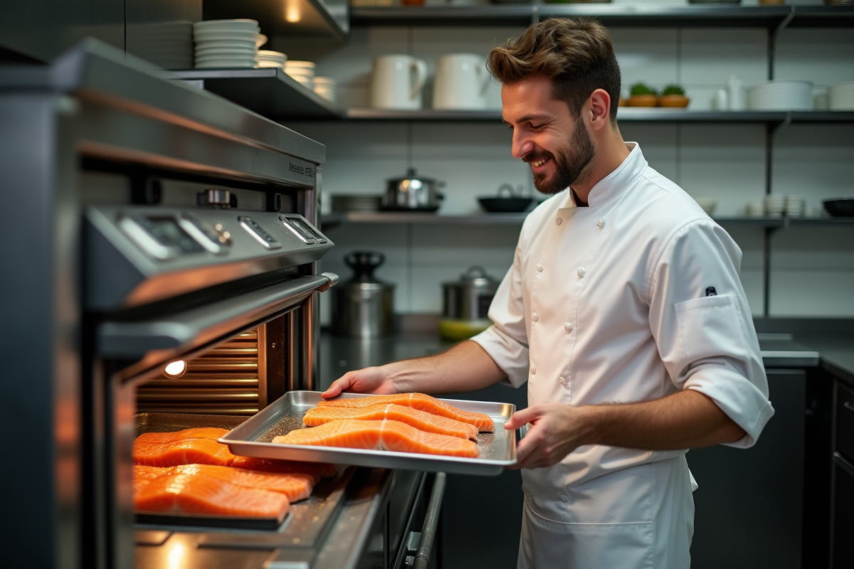 Chef professionnel sortant du saumon vapeur dans une cuisine de restaurant