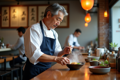 Chef japonais préparant un ramen traditionnel dans un restaurant authentique