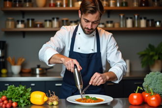 Jeune chef en action mixant une soupe de légumes