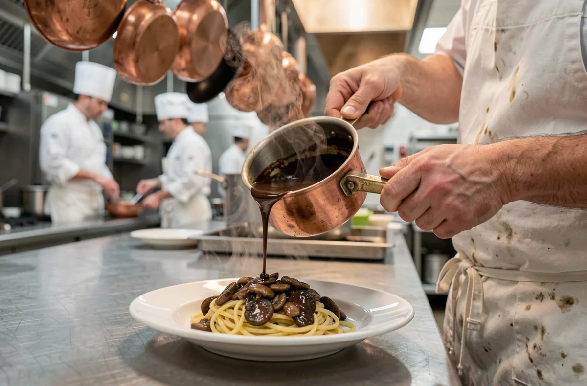 Chef versant une sauce de cèpes intense sans crème sur des pâtes dans une cuisine professionnelle
