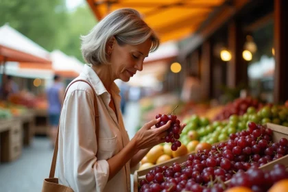 Femme inspectant des raisins frais chez un primeur sur un marché en plein air