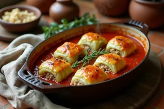 Choux farcis traditionnels dans une cocotte en fonte posée sur une table en bois rustique, sauce tomate maison et herbes aromatiques