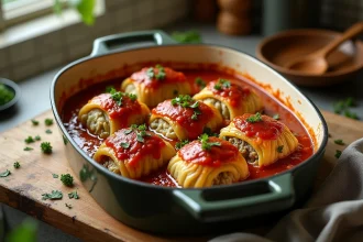 Plat de choux farcis au four dans un plat en céramique rustique avec sauce tomate et persil frais, vu de dessus sur une table en bois
