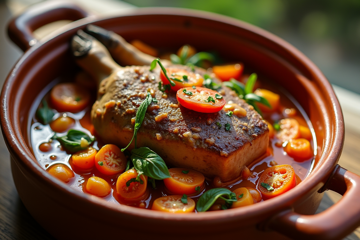 Gros plan sur civet de lapin en pot avec légumes et herbes