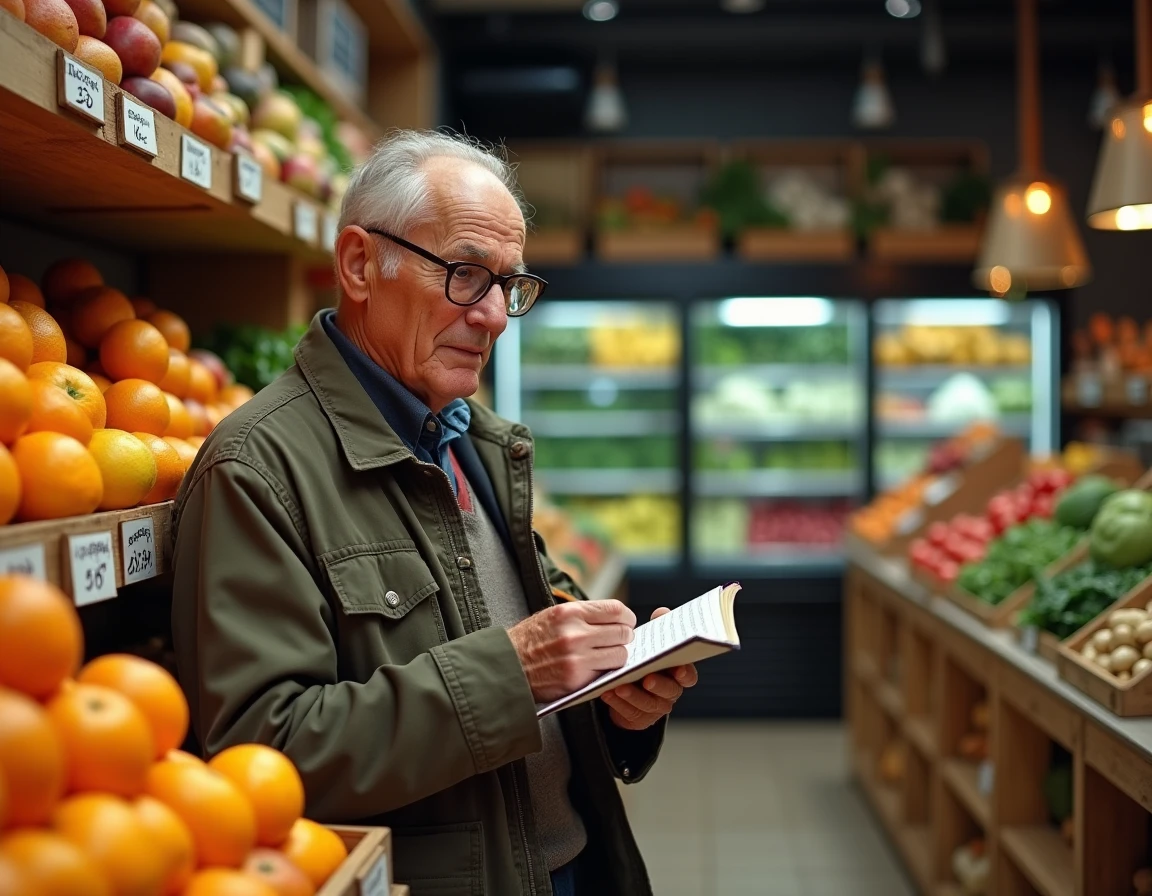 Client âgé consultant ses notes dans un magasin primeur local bien achalandé