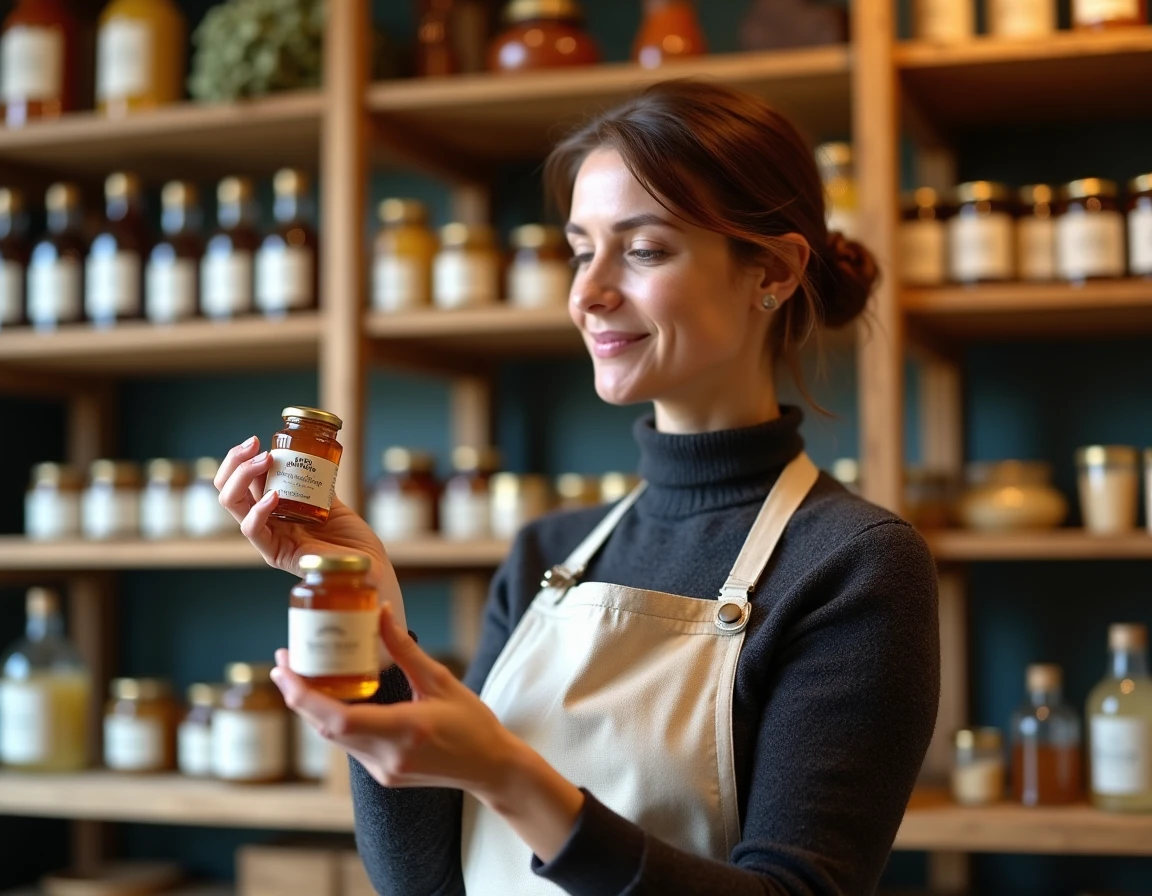 Femme examinant un pot de miel d'abbaye dans une épicerie fine spécialisée en produits monastiques