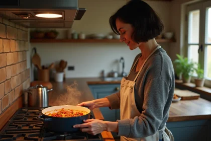 Femme préparant une cocotte de carbonnade flamande dans une cuisine rustique