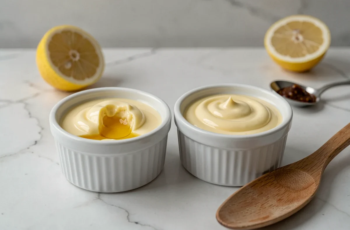 Comparaison entre une mayonnaise ratée qui a tourné et une mayonnaise rattrapée réussie dans deux ramequins sur marbre