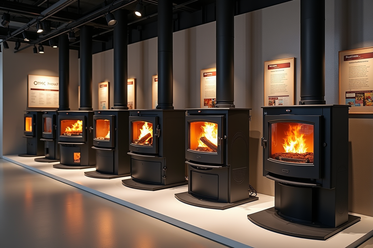 Comparatif des poeles à bois pellet et électrique en show-room lumineux