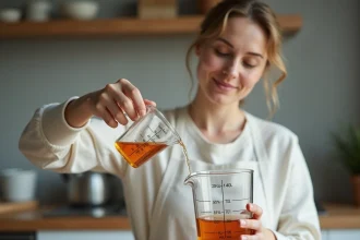 Femme en cuisine versant un liquide dans un verre doseur gradué en millilitres pour convertir 12,5 cl en ml