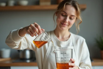 Femme en cuisine versant un liquide dans un verre doseur gradué en millilitres pour convertir 12,5 cl en ml