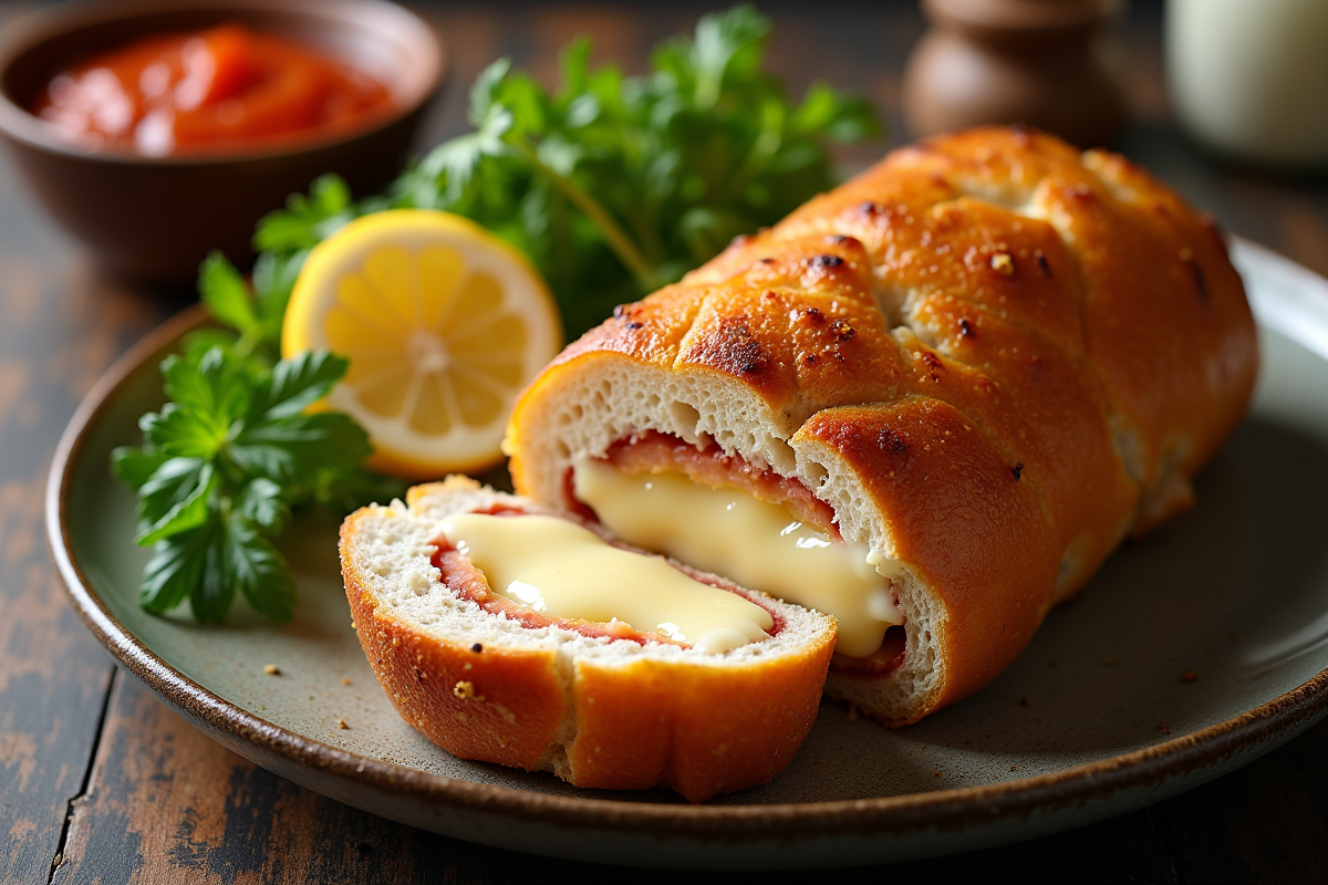 Tranche de cordon bleu avec fromage fondu et sauce tomate