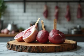 Couille de mouton et rognons d'agneau crus côte à côte sur une planche de boucher en bois rustique dans une boucherie traditionnelle française