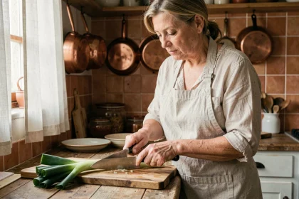 Femme qui coupe des poireaux frais sur une planche à découper en bois dans une cuisine rustique