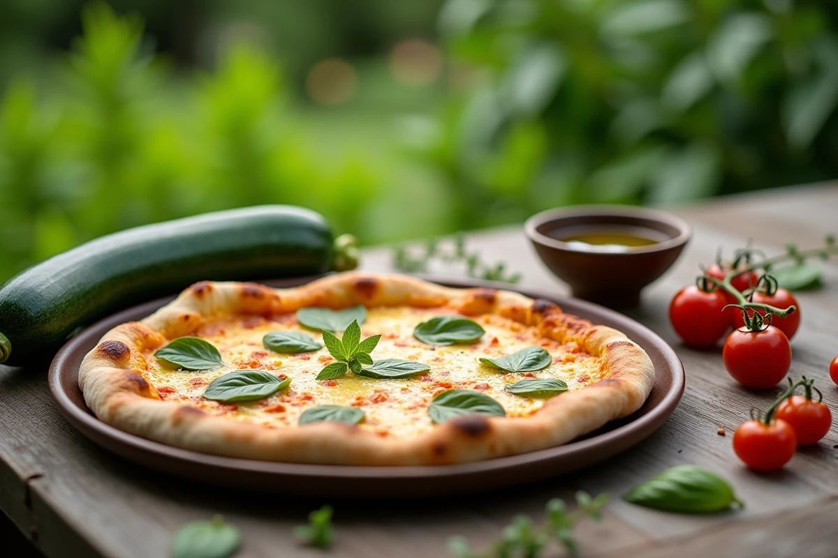 Courgette pizz légère servie sur assiette en céramique dans un jardin avec légumes frais et herbes aromatiques