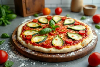 Courgette pizz légère sans pâte assemblée sur une planche en bois avec mozzarella, tomates cerises et basilic frais