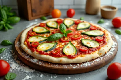 Courgette pizz légère sans pâte assemblée sur une planche en bois avec mozzarella, tomates cerises et basilic frais