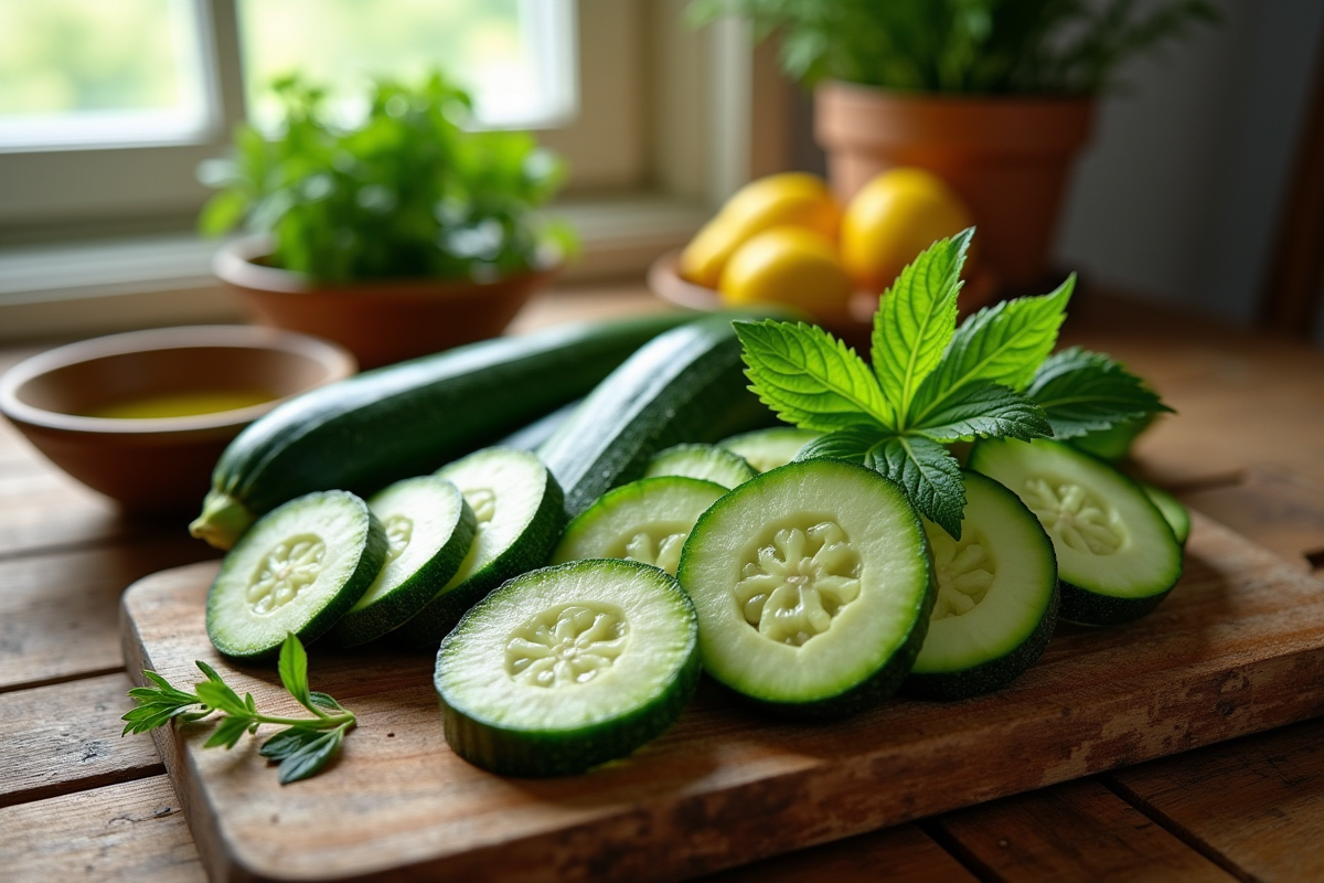 Courgettes et concombres tranchés sur une table en bois avec herbes et huile d'olive