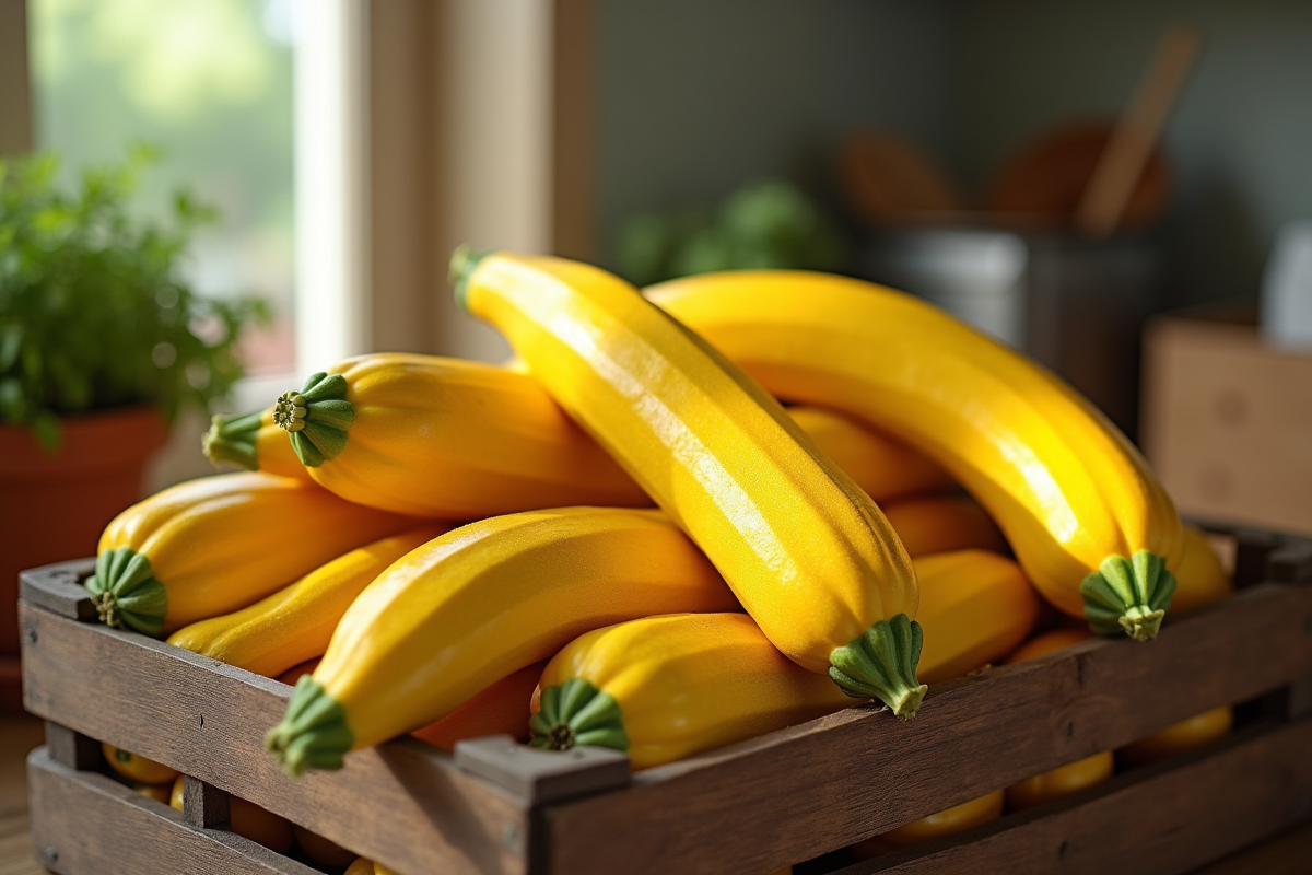 Courgettes jaunes fraîchement récoltées dans une caisse en bois