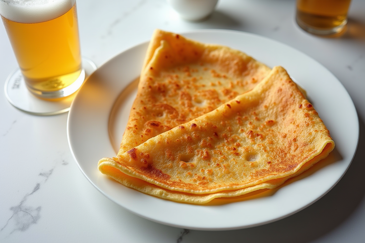 Crêpe dorée avec bière claire à côté sur une assiette blanche