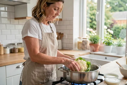 Femme cuisinant un chou-fleur dans une grande casserole avec du vinaigre blanc pour éviter les odeurs dans la cuisine