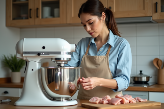 Femme utilisant un mixeur pour hacher du poulet à la maison