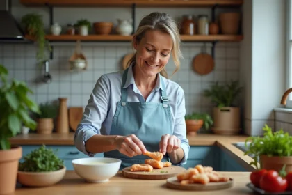 Femme souriante trempant des tenders de poulet dans une marinade au beurre