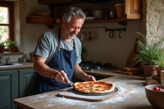 Homme en tablier navy sortant une pizza dorée du four