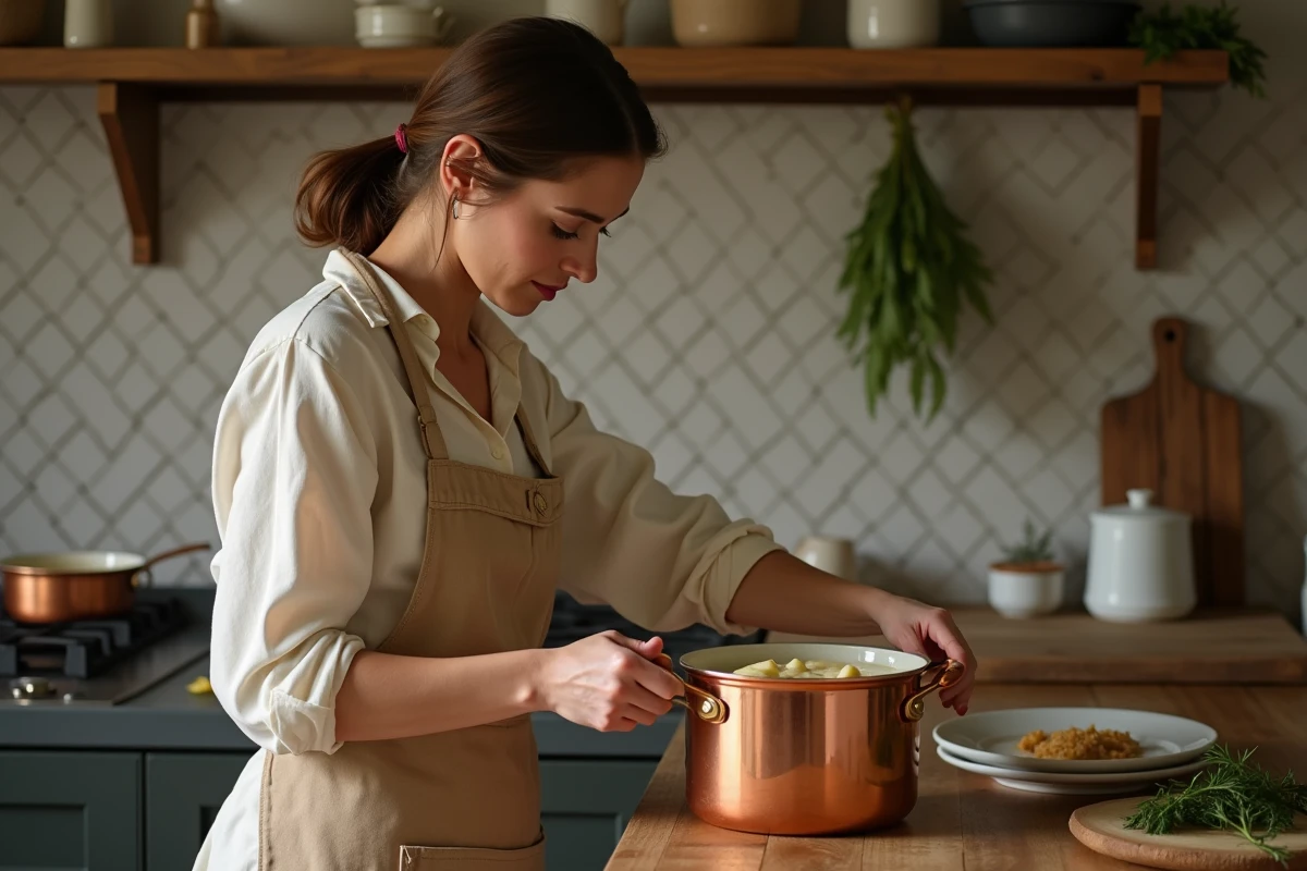 Femme française préparant une blanquette de veau dans une cuisine chaleureuse
