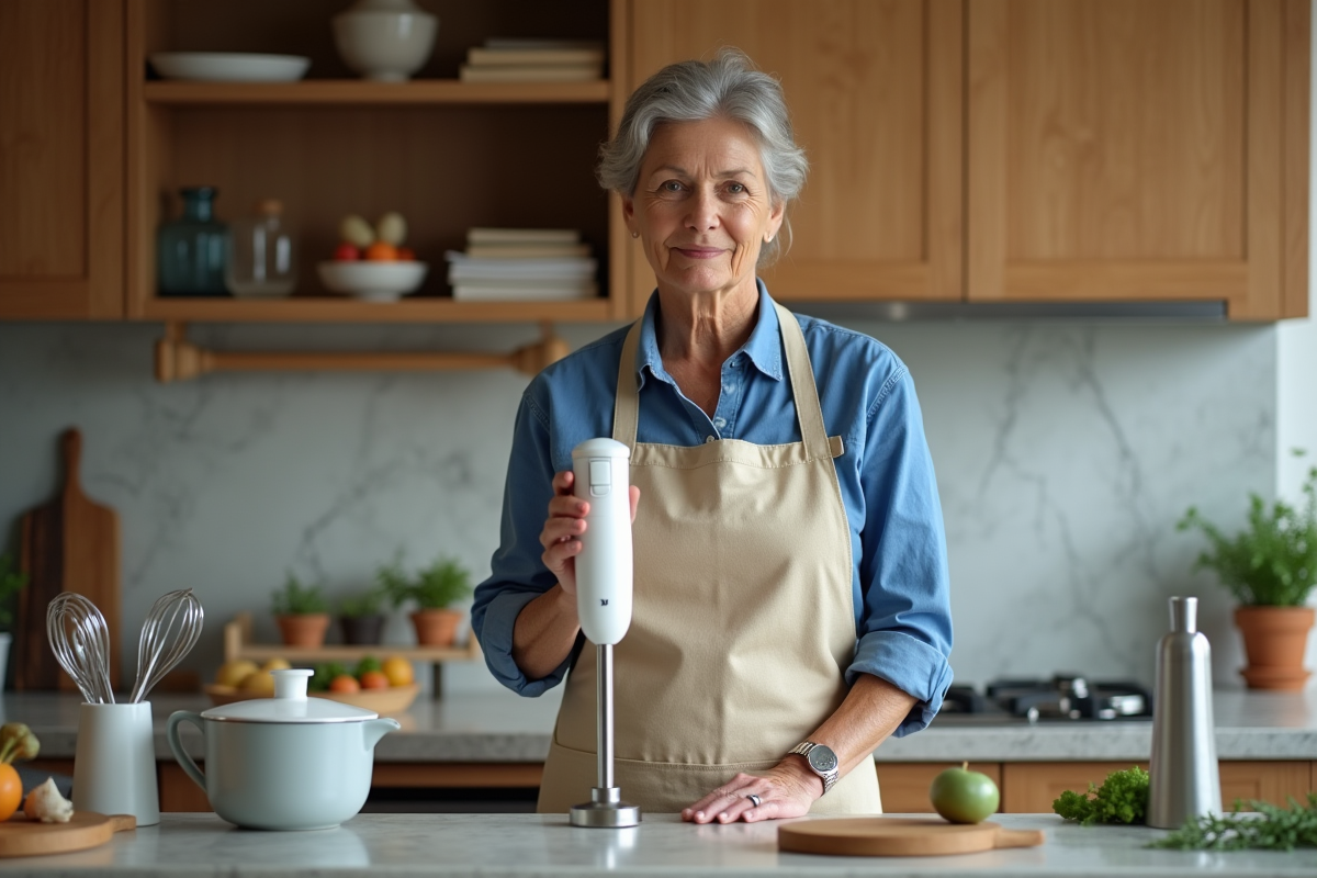Femme cuisiniere utilisant un mixeur dans sa cuisine
