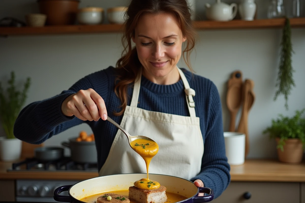 Femme cuisinant un filet mignon en cocotte avec sauce moutarde crémeuse dans une cuisine chaleureuse