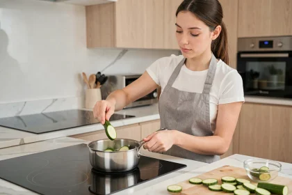 Mère préparant des rondelles de courgette à la vapeur pour son bébé dans une cuisine moderne et lumineuse