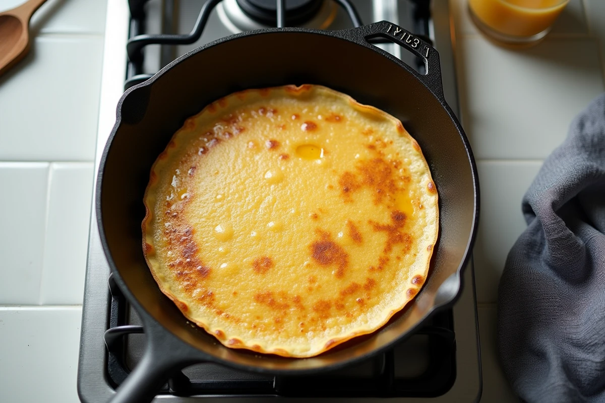 Crêpe dorée en train de cuire dans une poêle en fonte sur un feu de gaz avec une spatule en bois