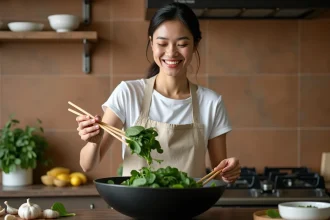 Femme faisant sauter des épinards frais dans un wok en acier sur une cuisinière à gaz dans une cuisine moderne