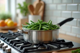 Cocotte-minute en inox sur feu de gazinière avec des haricots verts frais prêts à cuire en batch cooking