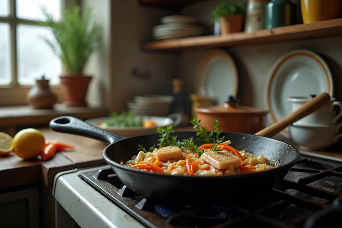 Poêle en fonte avec julienne de poisson en cours de cuisson dans une cuisine familiale rustique avec étagères et herbes fraîches