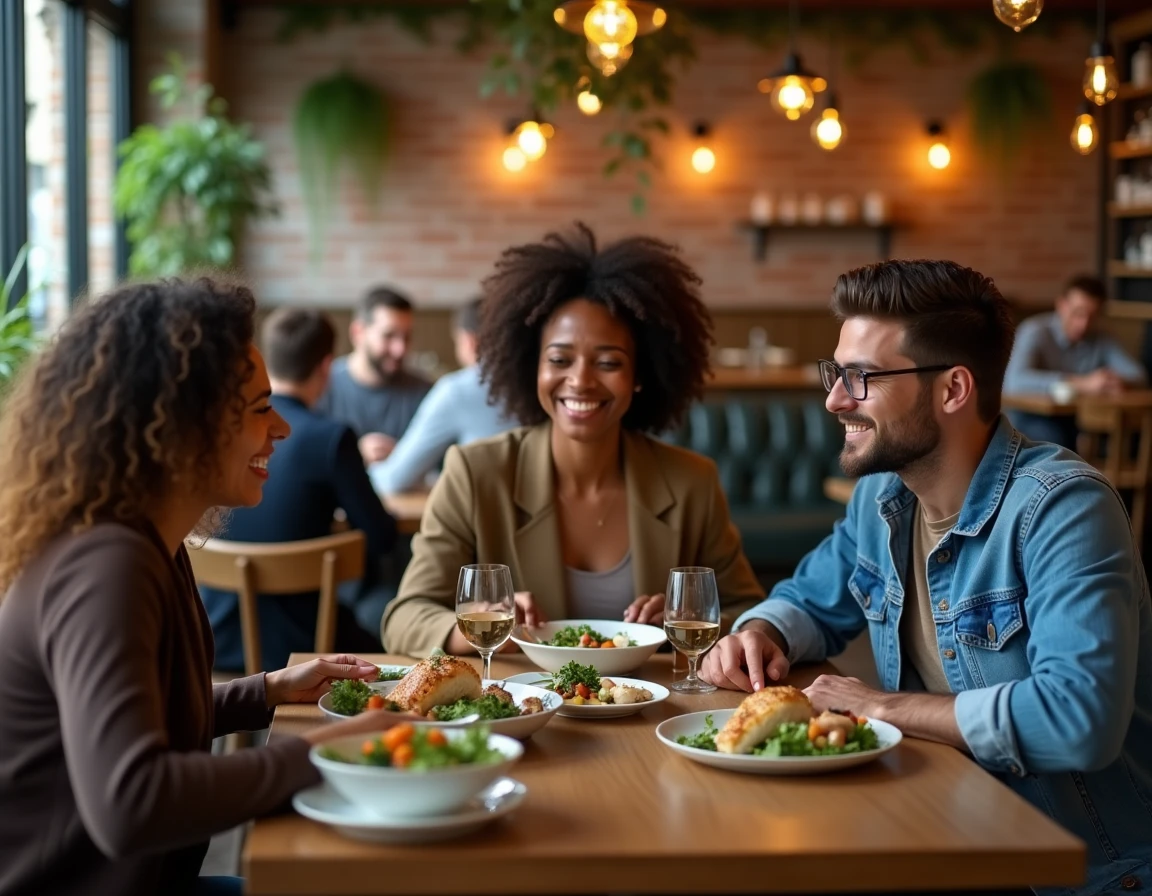 Groupe de jeunes adultes autour d'une table de restaurant discutant de leurs choix alimentaires entre plats végétaliens et poisson, illustrant le débat sur l'éthique végane et la consommation de fruits de mer