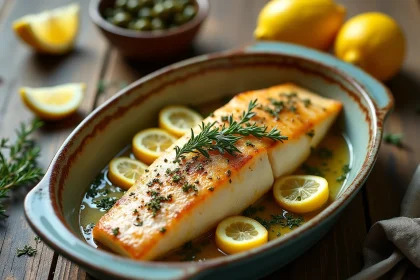 Dos de cabillaud au four assaisonné d'herbes fraîches, citron et ail dans un plat en céramique