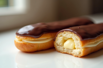 Eclair au chocolat coupé en deux montrant la texture du choux