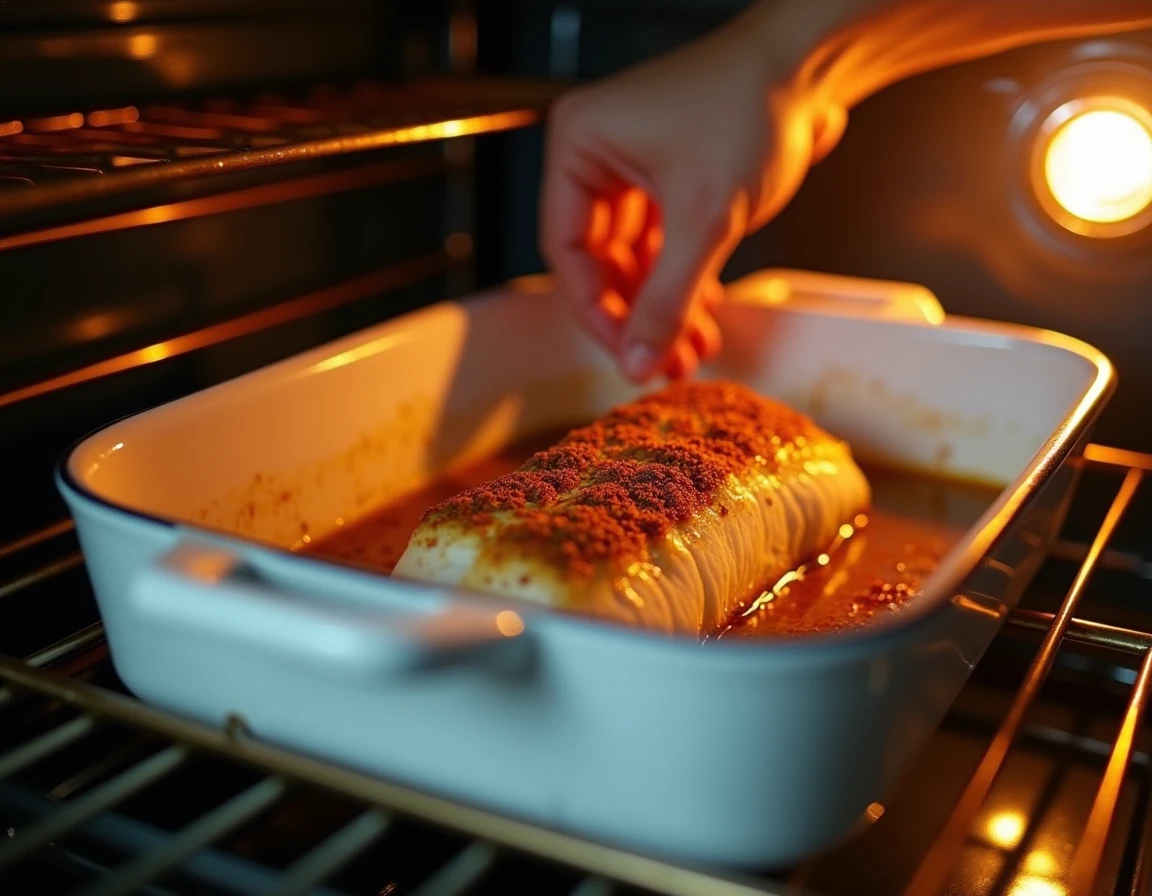 Mains enfournant un dos de cabillaud épicé au paprika dans un four domestique
