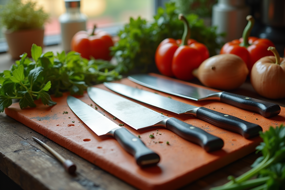 Assortiment de couteaux de chef avec herbes et légumes frais