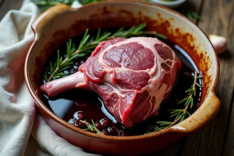 Épaule d'agneau crue marinant dans un plat en céramique avec romarin, ail et vin rouge pour une cuisson basse température