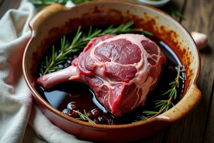 Épaule d'agneau crue marinant dans un plat en céramique avec romarin, ail et vin rouge pour une cuisson basse température