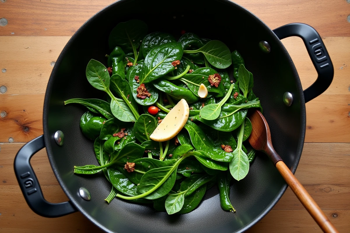 Vue aérienne d'un wok rempli d'épinards frais sautés à l'huile de sésame avec de l'ail et des piments
