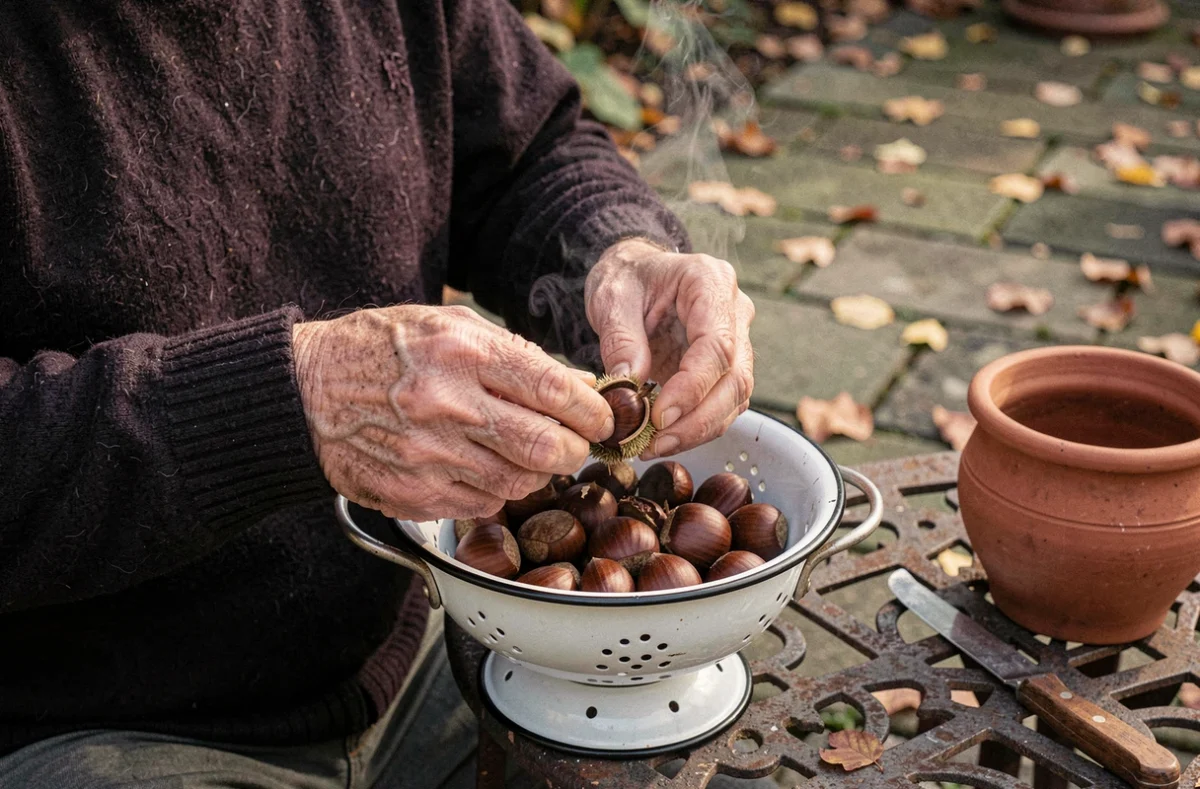 Homme épluchant des châtaignes grillées à la main au-dessus d'une passoire émaillée sur une terrasse en automne