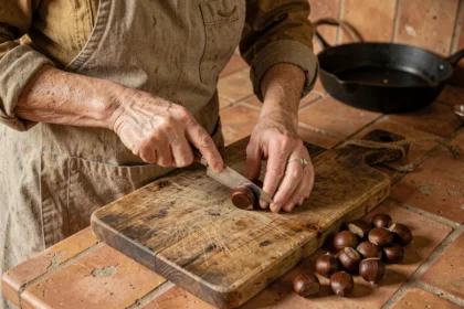 Femme épluchant des châtaignes avec un couteau sur une planche en bois dans une cuisine rustique en automne