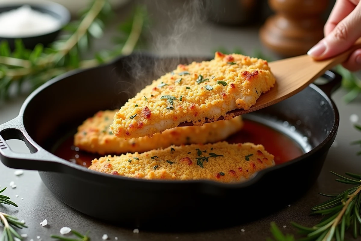 Gros plan sur une escalope de poulet croustillante sortant d'un plat en fonte, avec une croûte dorée aux herbes et des épices, photographiée sur un plan de travail en pierre naturelle